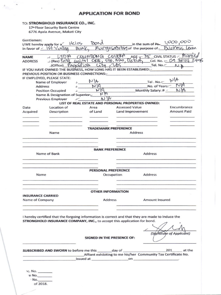 Bond Application Form for Insurance | PDF