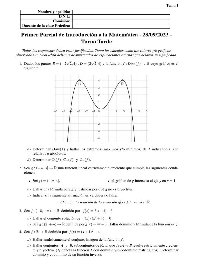 Primer Parcial de Matemáticas: Funciones y Gráficos | PDF | Función ...
