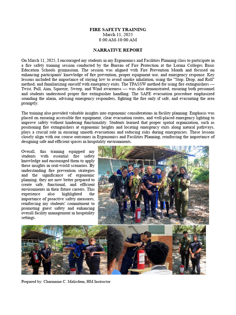 NARRATIVE REPORT - FIRE SAFETY TRAINING | PDF | Fire Safety | Emergency ...