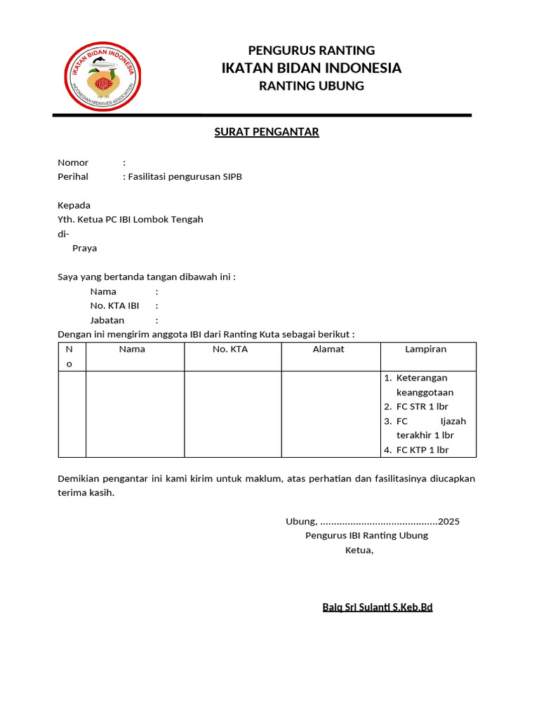 Surat Pengantar IBI Ranting Ubung | PDF