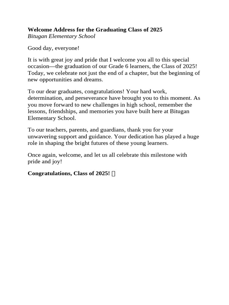 Welcome Address for Class of 2025 | PDF