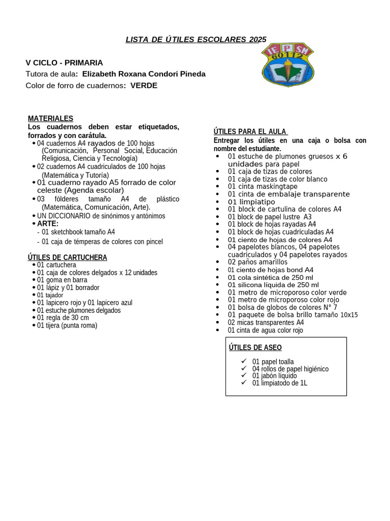 Lista de Útiles Escolares 2025 - Primaria | PDF | Productos de madera ...