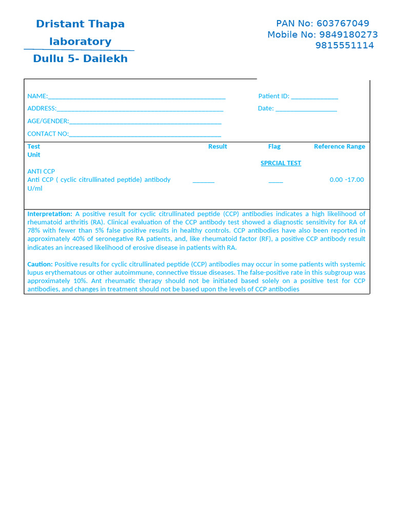 Anti CCP Test Results and Interpretation | PDF