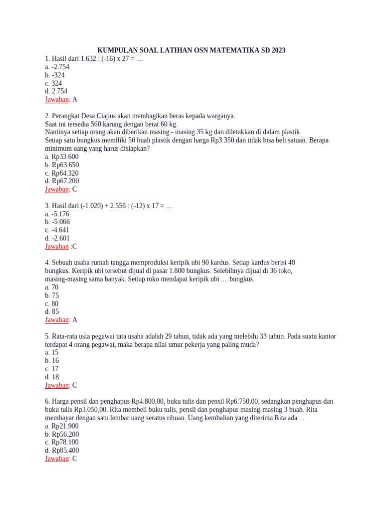 Soal Latihan OSN Matematika SD 2023 | PDF