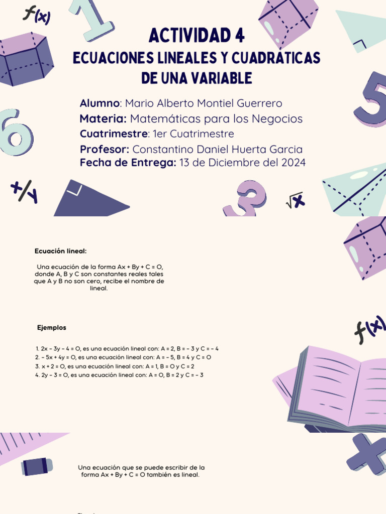 Ecuaciones Lineales y Cuadráticas | PDF | Ecuaciones | Ecuación cuadrática