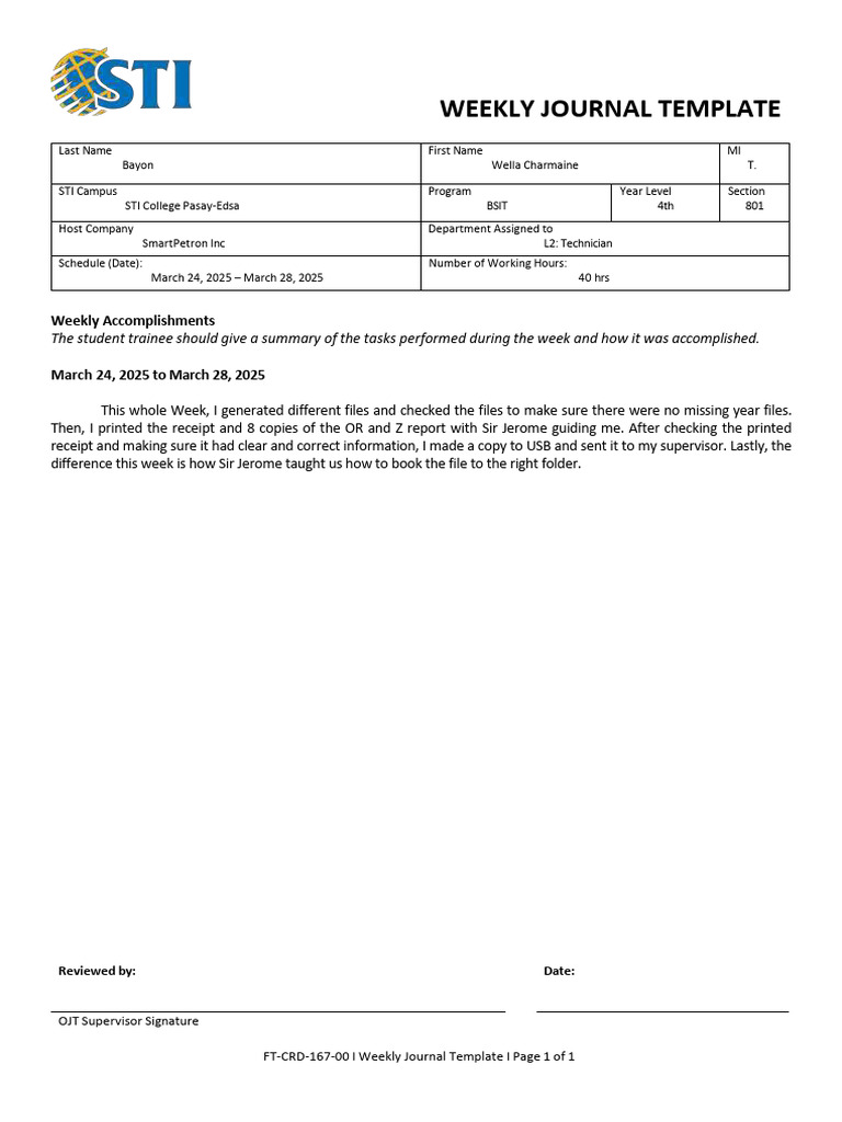 FT CRD 167 00 Weekly Journal Template WEEK7 | PDF
