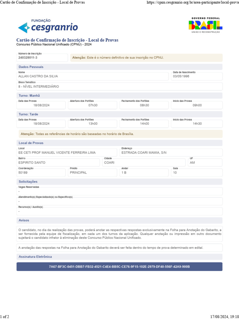 Cartão de Confirmação de Inscrição - Local de Provas | PDF