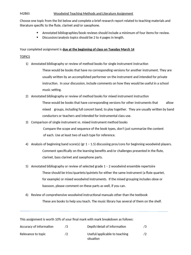 Literature Assignment | PDF | Woodwind Instruments | Musical Instruments