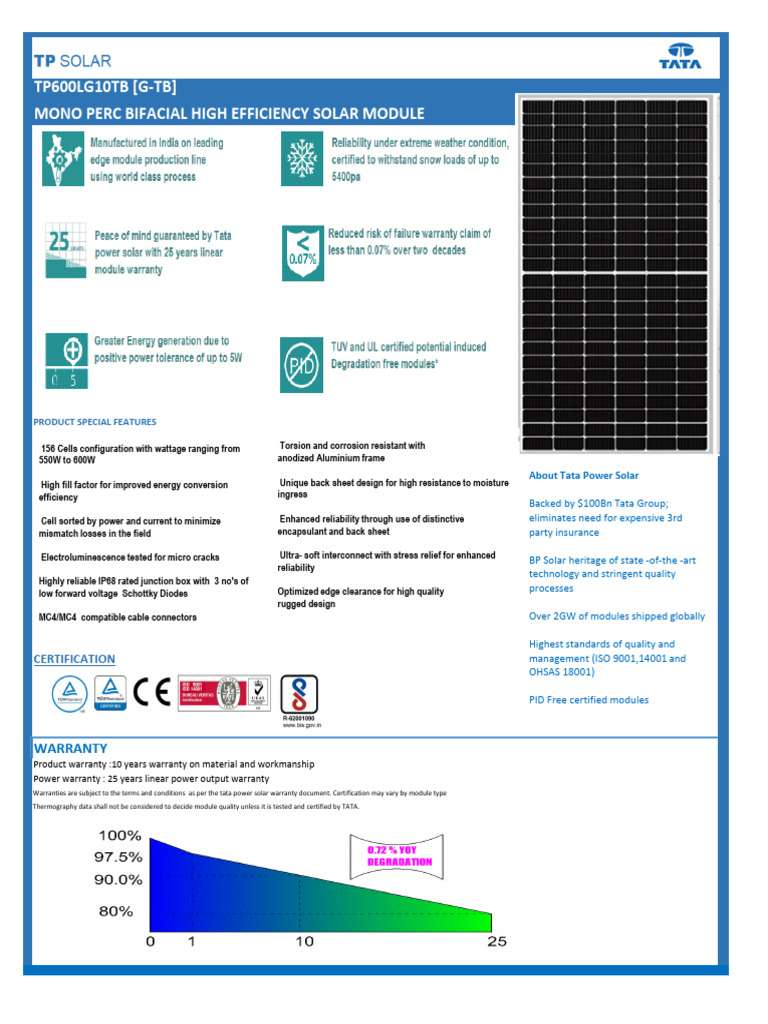 Tata High Efficiency Solar Modules | PDF | Materials | Electrical ...