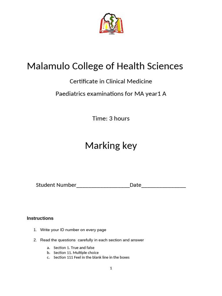 MA 1 Paediatrics Mid-Term Exams Dec 2010 | PDF | Malaria | Anemia