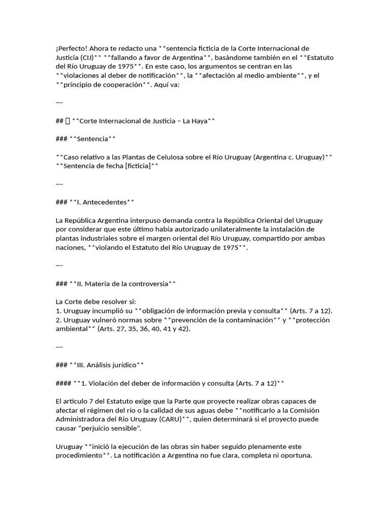 Sentencia A Favor de Argentina | PDF | Uruguay | Contaminación