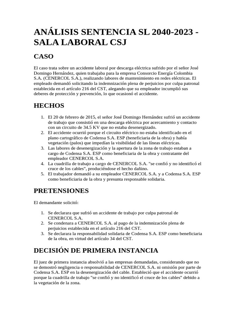 Indemnización por culpa patronal en CENERCOL | PDF