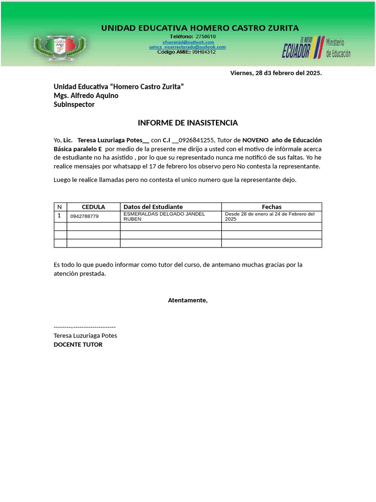 Informe de Inasistencia Estudiante 2025 | PDF