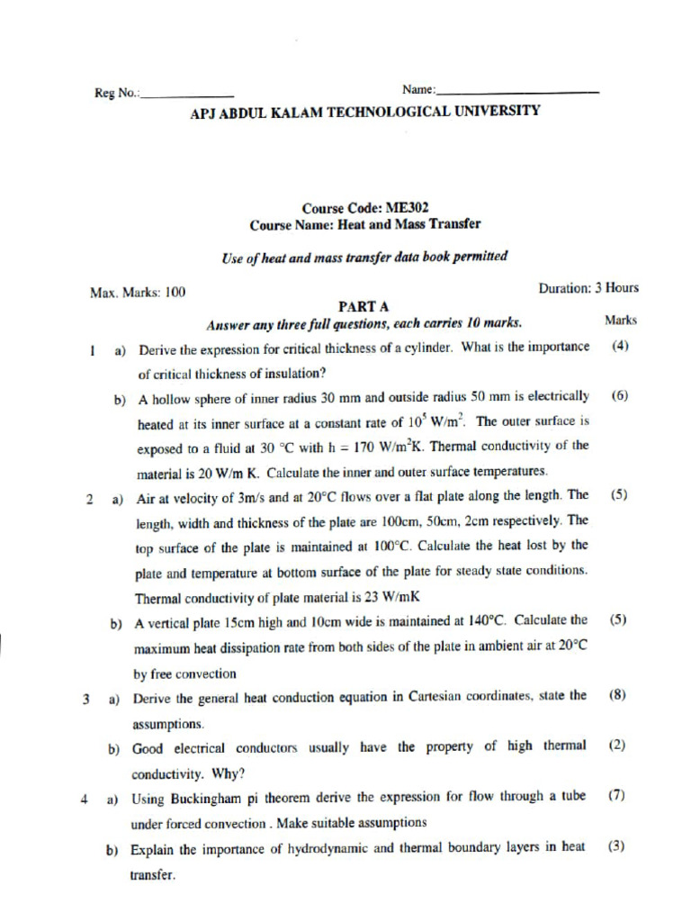 Heat and Mass Transfer Exam ME302 | PDF