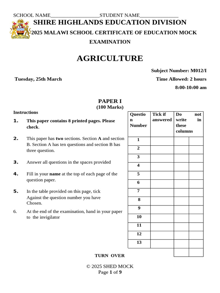 2025 Agriculture Mock Exam Paper 1 | PDF | Intensive Farming | Dairy
