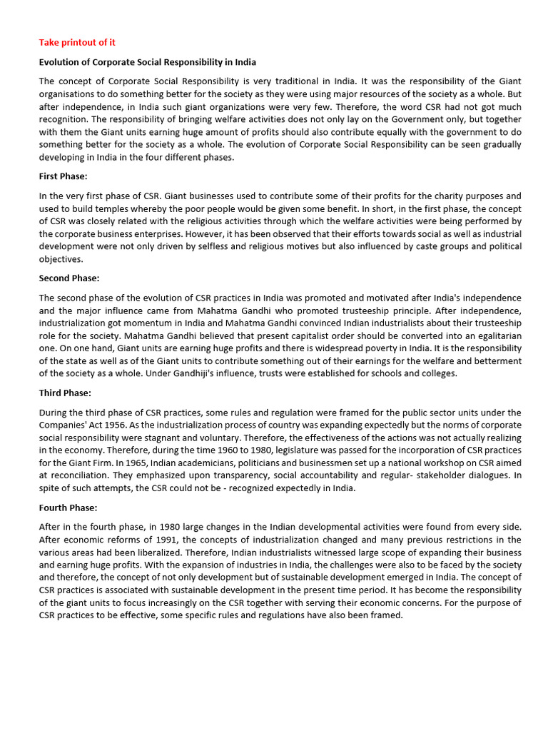 Evolution of CSR in India: A Historical Overview | PDF | Corporate ...