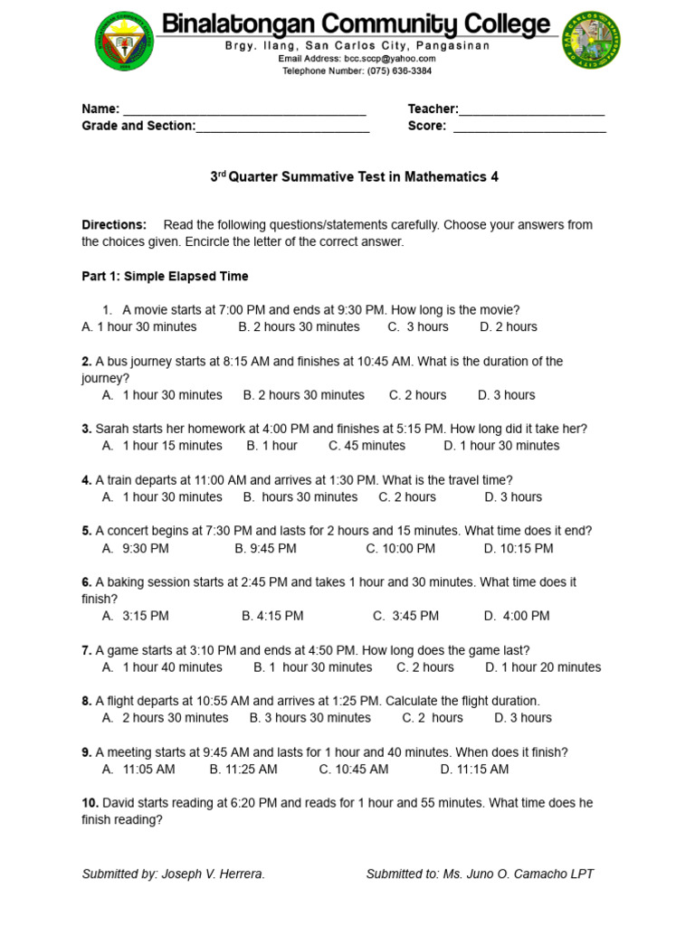 3rd Quarter Math Test: Elapsed Time | PDF