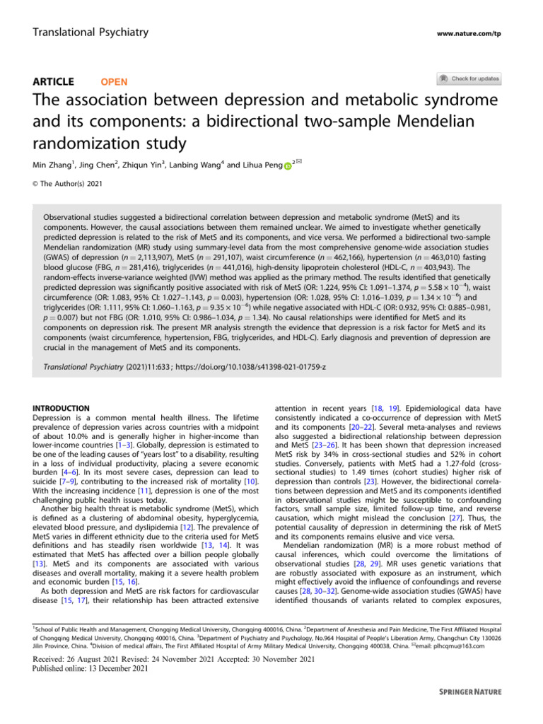 Zhang 等 - 2021 - The association between depression and metabolic ...