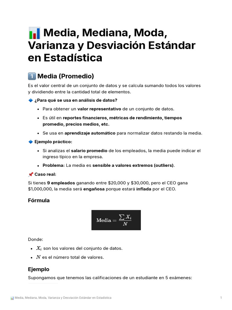 Media Mediana Moda Varianza y Desviacin Estndar en Estadstica | PDF ...