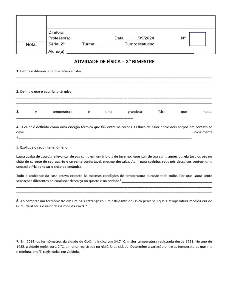 Atividade de Física: Temperatura e Calor | PDF | Temperatura | Celsius