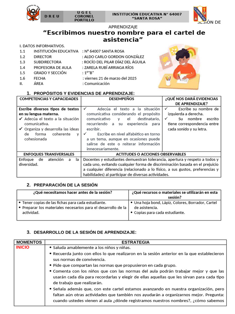 Escribimos Nuestro Nombre para El Cartel de Asistencia | PDF ...