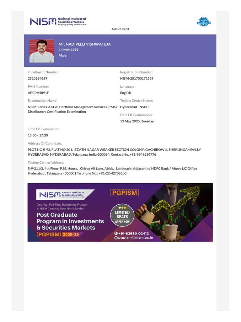 NISM Exam Details for Hyderabad Center | PDF