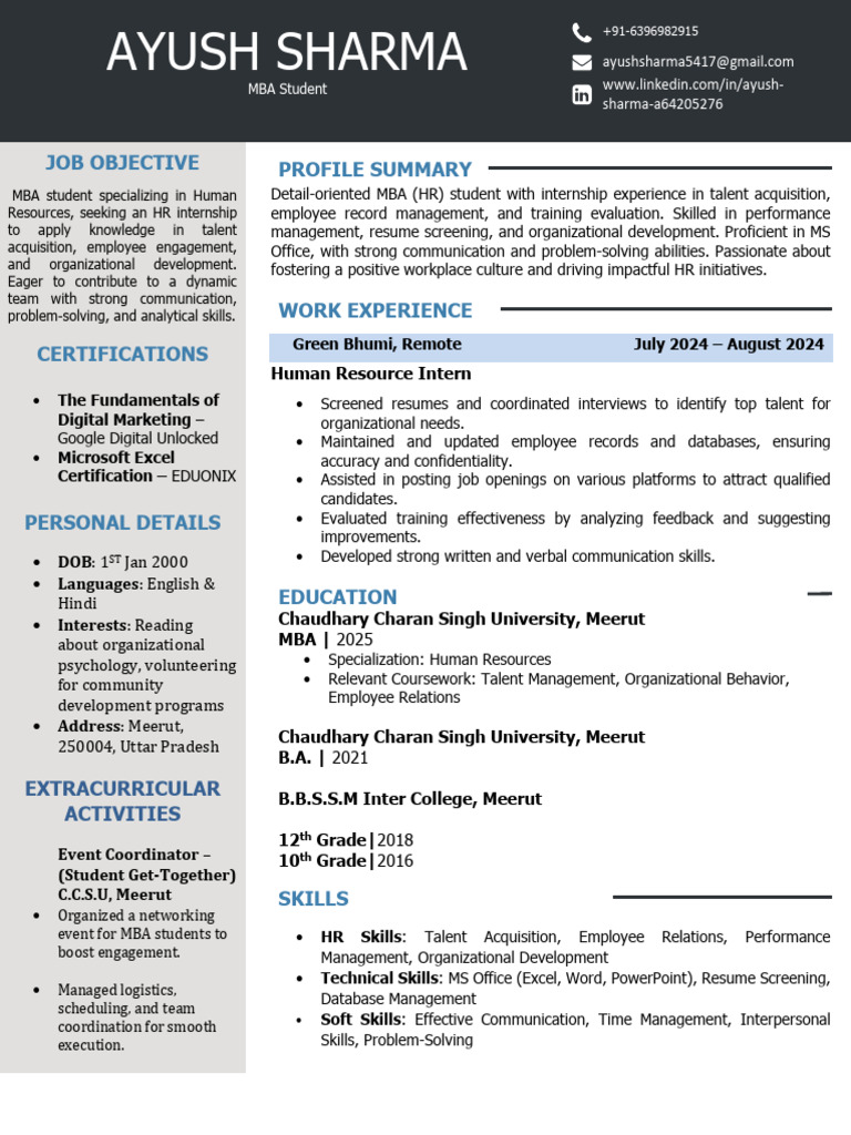 MBA HR Intern Seeking Opportunities | PDF | Skill | Human Resources