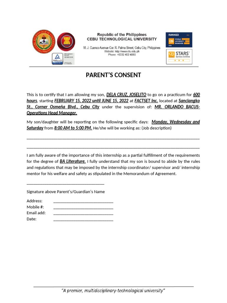 Parent Consent for Internship Program | PDF