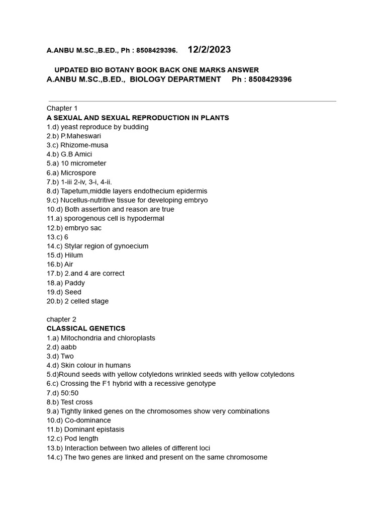 12th Botany Book Back Answers PDF | PDF | Dominance (Genetics) | Life ...