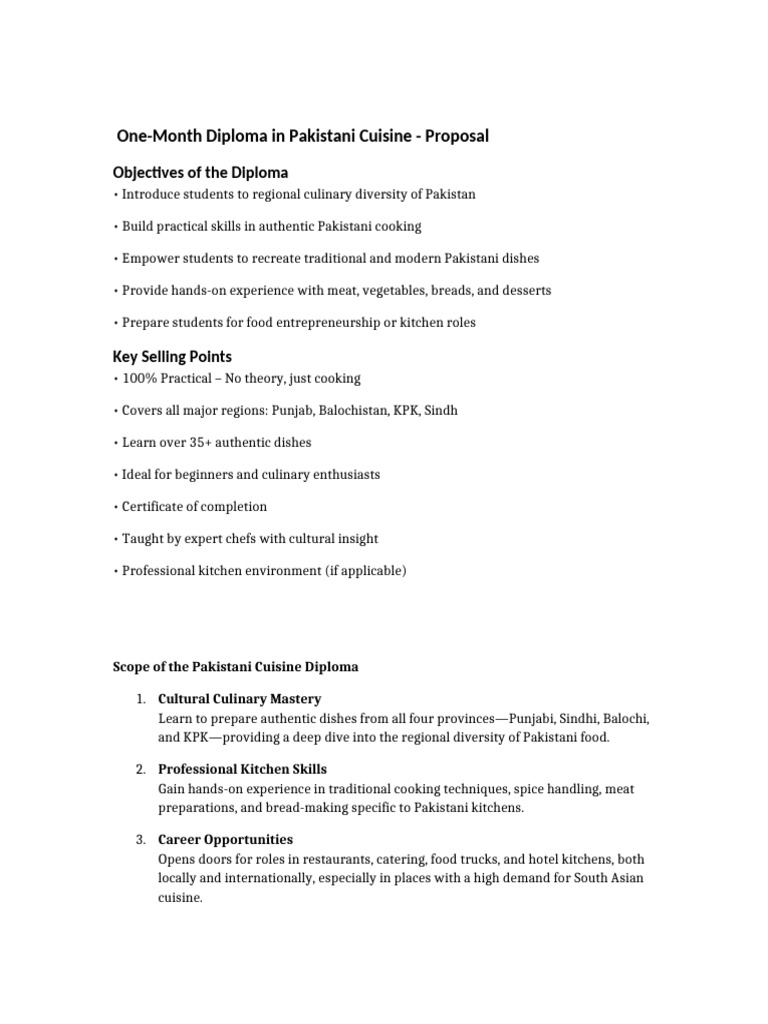 Pakistani Cuisine Diploma Proposal | PDF | Chef | Cuisine