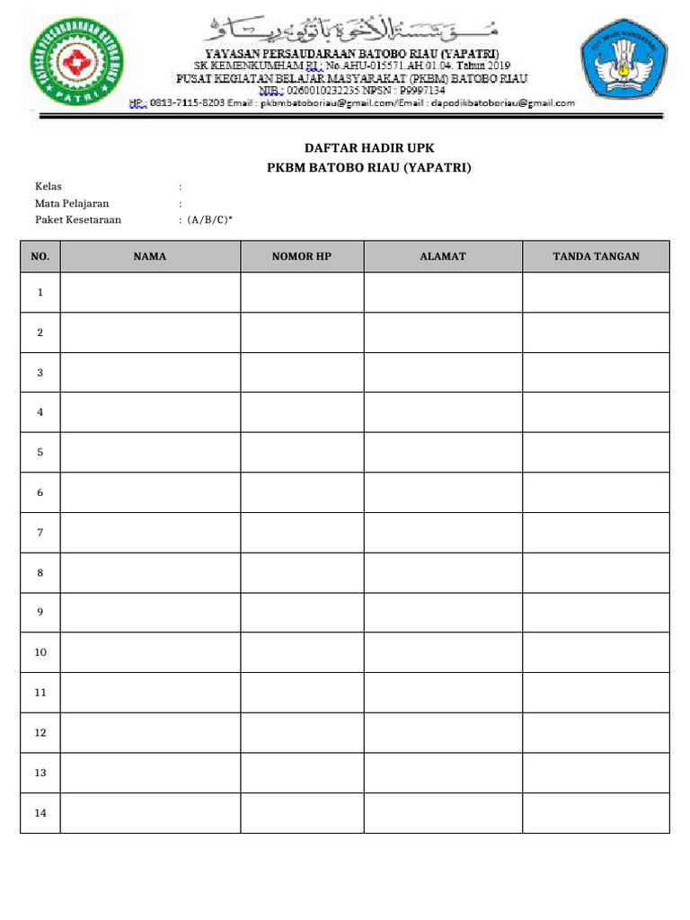 Daftar Hadir UPK PKBM Batobo Riau | PDF