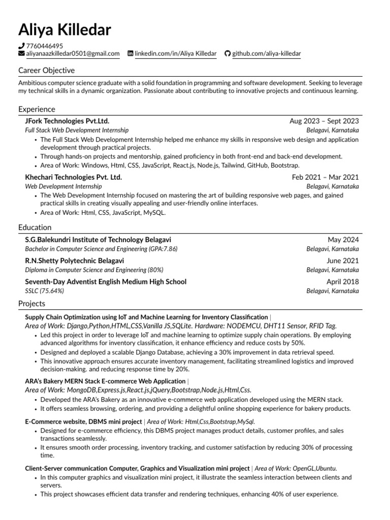 Aliya Killedar: Computer Science Graduate Resume | PDF | Databases | My Sql