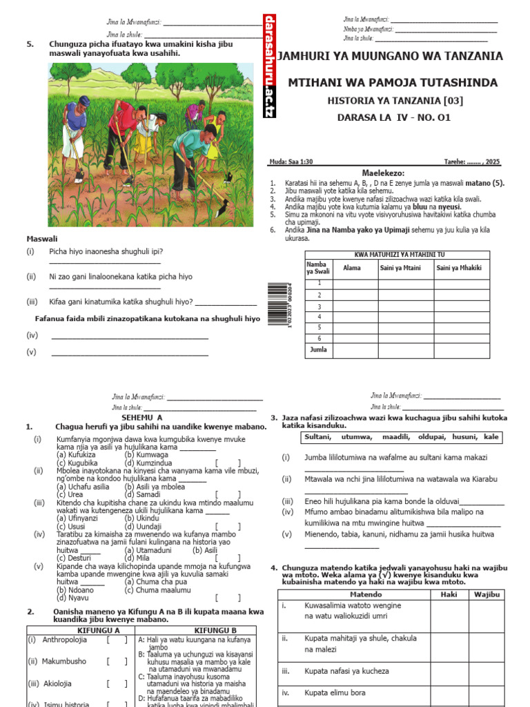 Darasahuru - Ac.tz Historia Ya Tanzania Na Maadili STD Iv - No. 01 | PDF