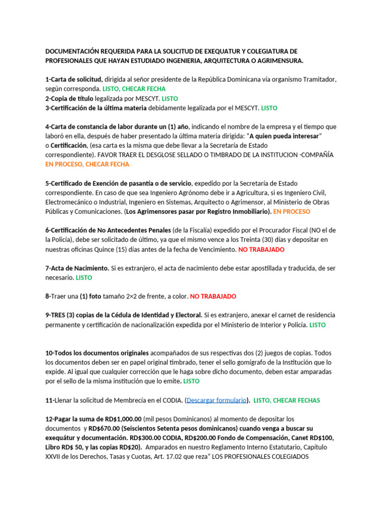 Requisitos para Exequatur de Ingenieros | PDF