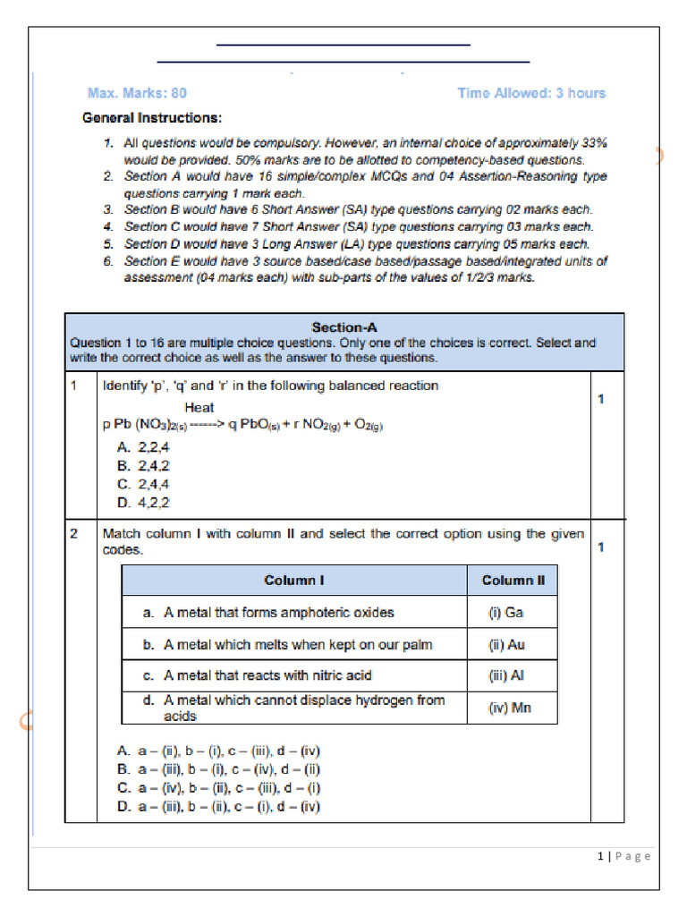 Class 10 Science Mock Test 2025 | PDF
