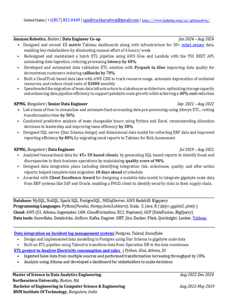 Data Engineer Resume: Aditya Bharadwaj | PDF | Postgre Sql | Amazon Web ...
