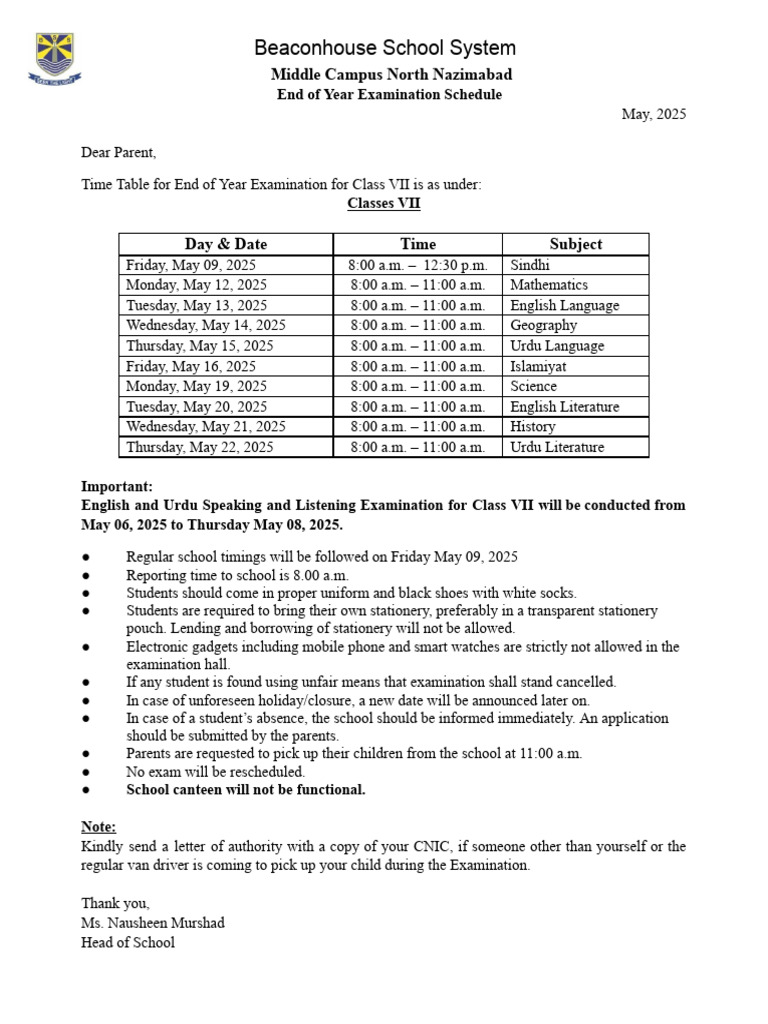 Class 7 Exam Schedule 2025 | PDF