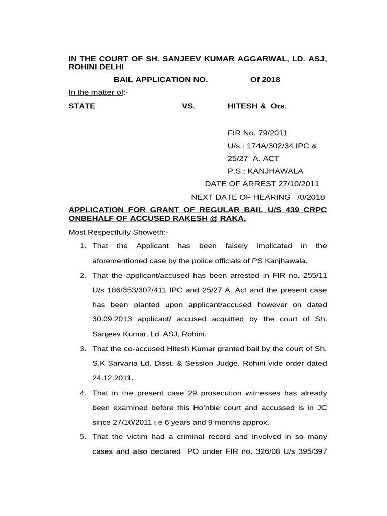 Bail Application for Rakesh @ Raka | PDF | Criminal Justice | Crime ...