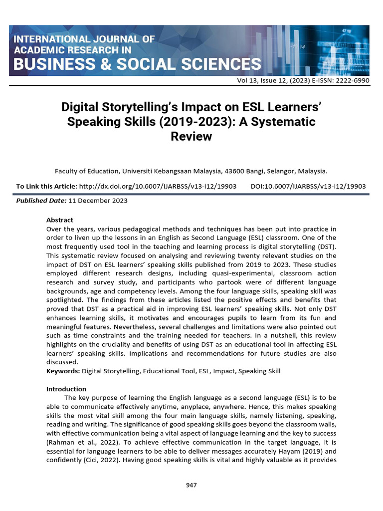 Digital Storytellings Impact On Esl Learners Speaking Skills 2019 2023 ...