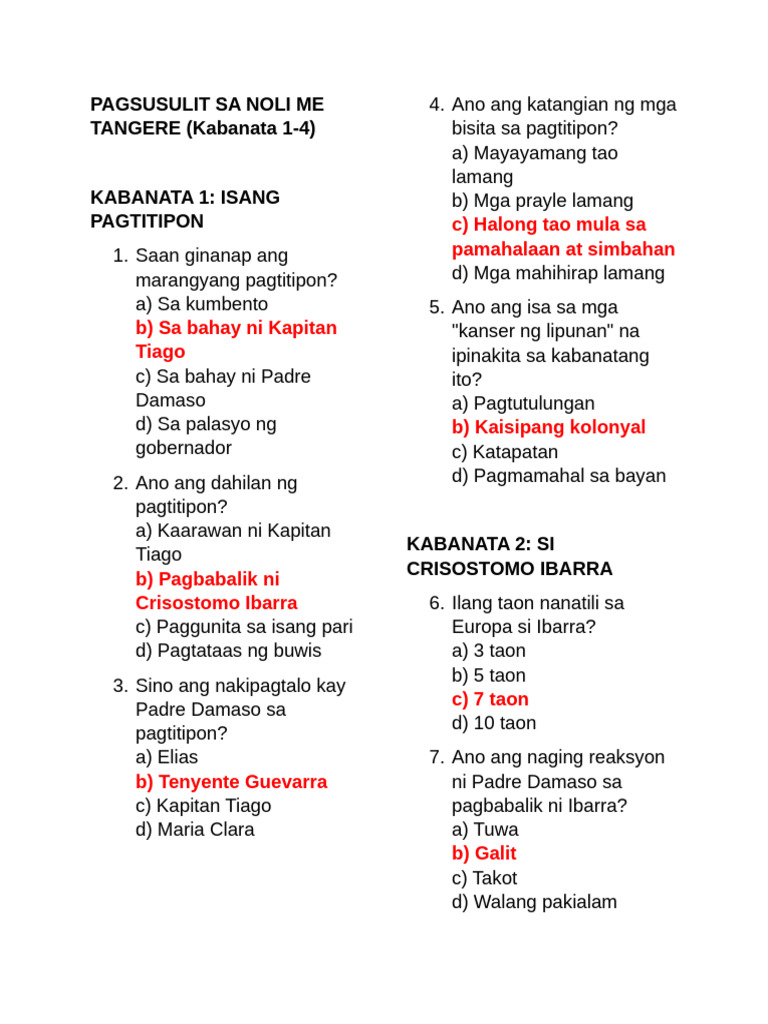 Pagsusulit Sa Noli Me Tangere (Kabanata 1-4) | PDF