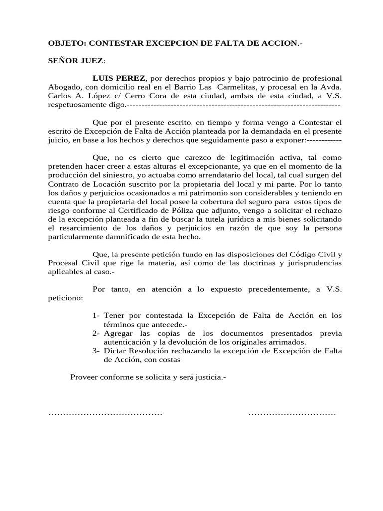 Contestación a Excepción de Falta de Acción | PDF