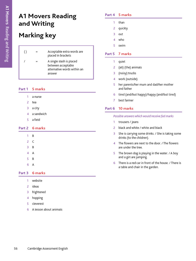 A1 Movers Reading & Writing Marking Key | PDF