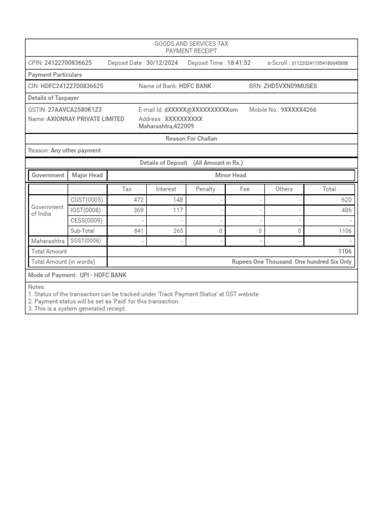 GST Payment Receipt for Axionray Pvt Ltd | PDF