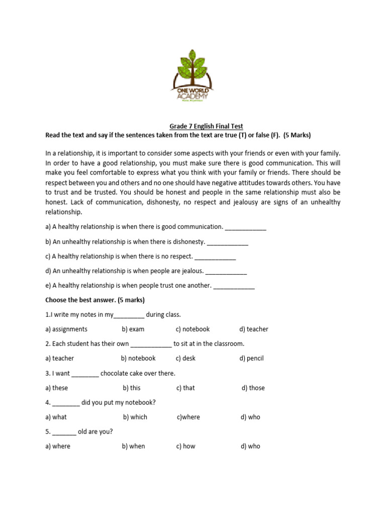 Grade 7 English Final Test Guide | PDF | Classroom | Human Communication