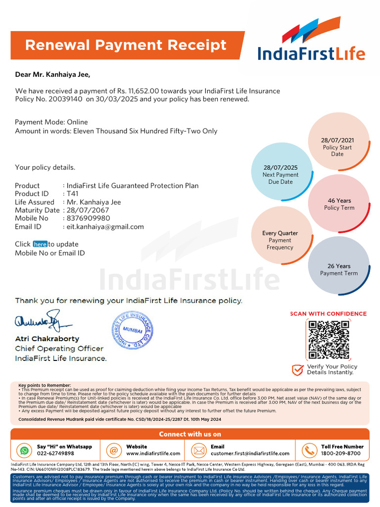 IndiaFirst Life Insurance Premium Receipt | PDF | Insurance | Life ...