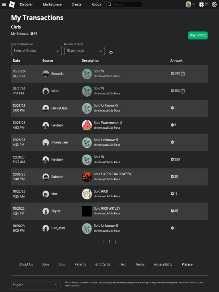 Roblox Transaction History Overview | PDF