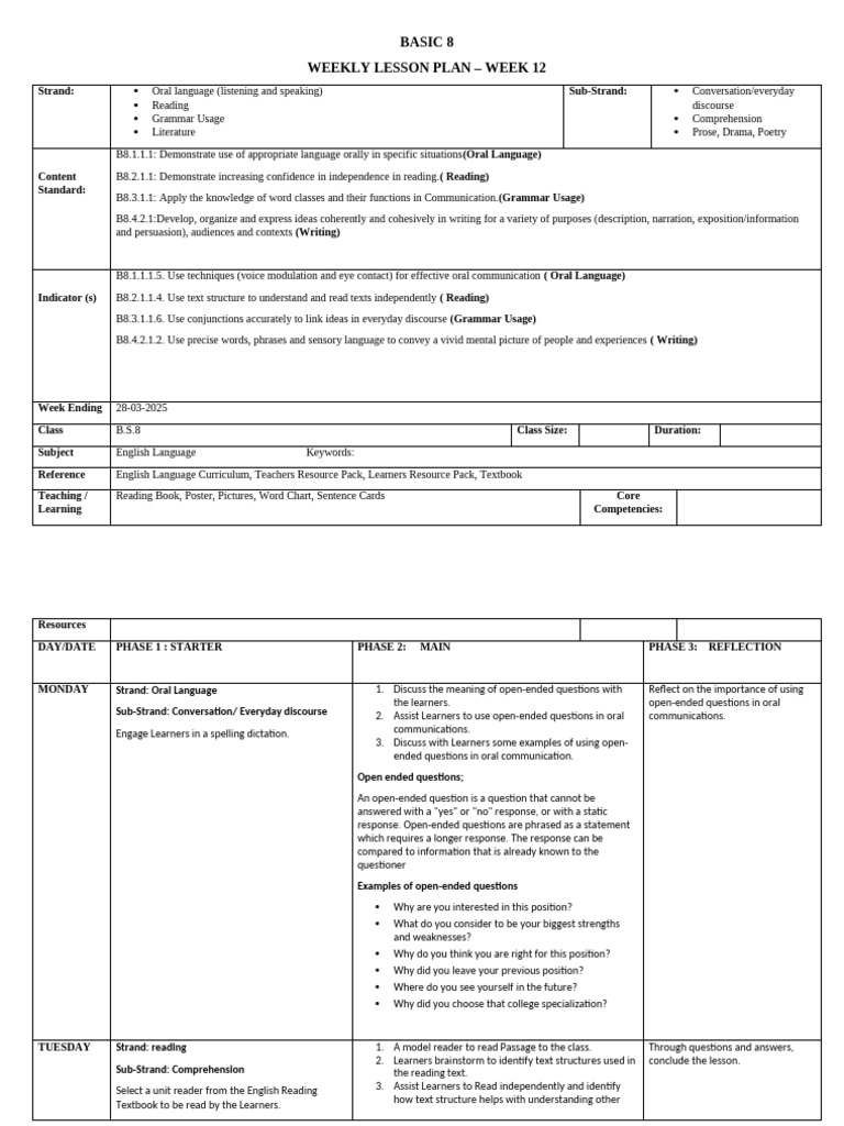 Week 12 English Lesson Plan | PDF | Reading Comprehension | Oral Tradition