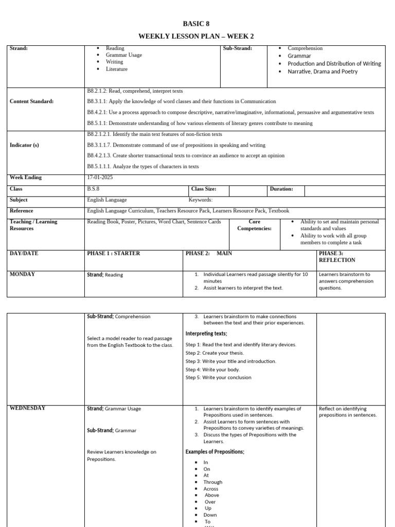 Week 2 English Lesson Plan B8 | PDF | Reading Comprehension | Learning