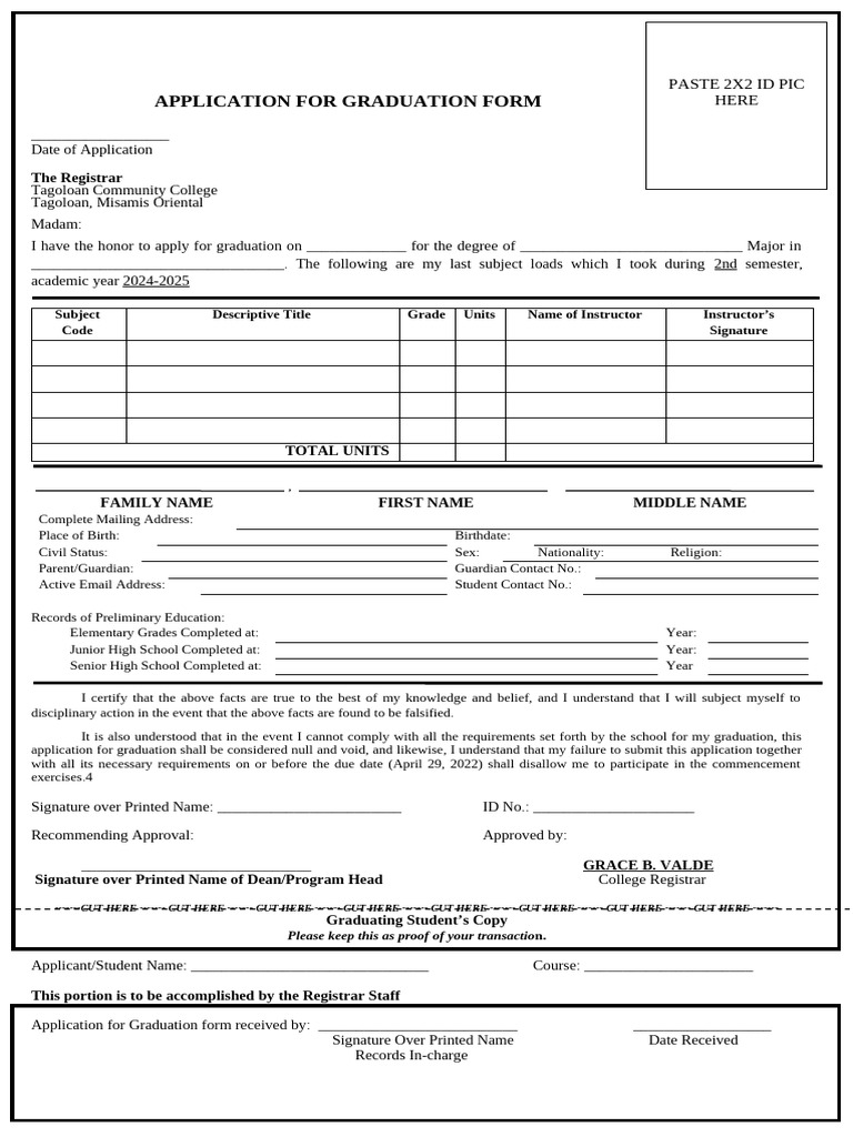 Graduation Application Form Template | PDF