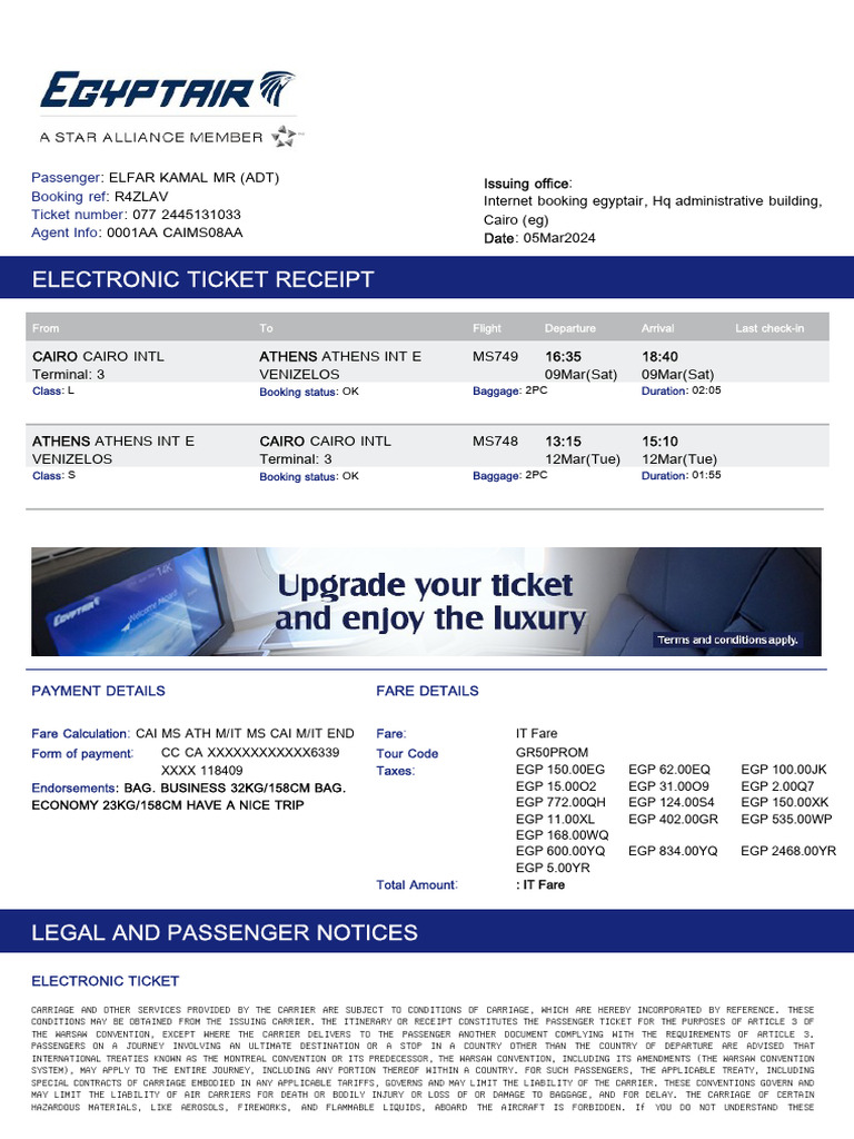 EgyptAir Electronic Ticket Receipt | PDF